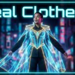 Fashion model viewing holographic virtual clothing overlay, illustrating how AI fashion and digital outfits are transforming global fashion in 2026