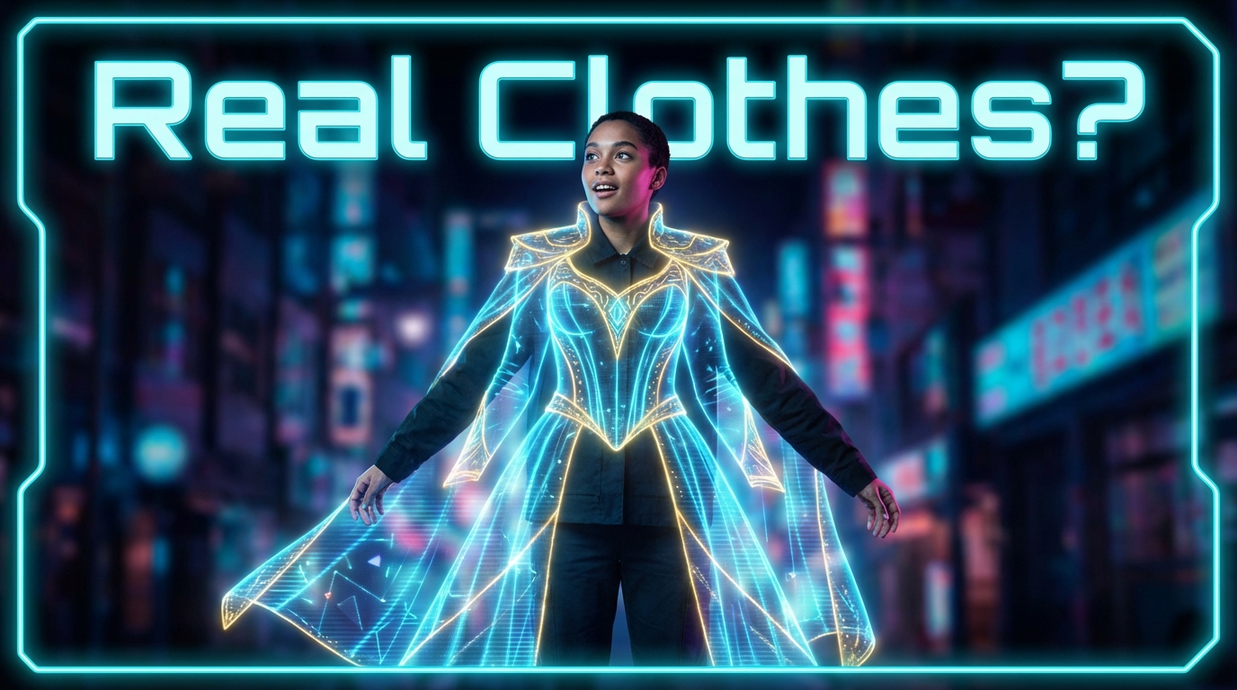 Fashion model viewing holographic virtual clothing overlay, illustrating how AI fashion and digital outfits are transforming global fashion in 2026