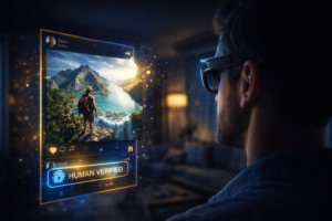 User wearing AR glasses viewing a floating 3D social media feed with immersive travel content in a modern living room, representing the future of digital engagement