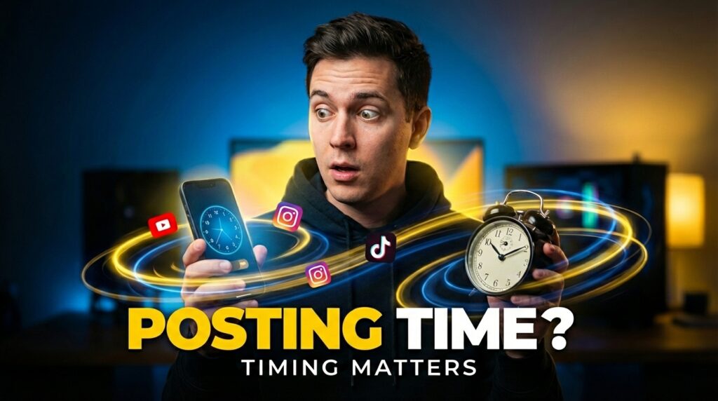 Social media creator holding a phone and clock, explaining the best time to post on social media in 2026 for higher reach and engagement