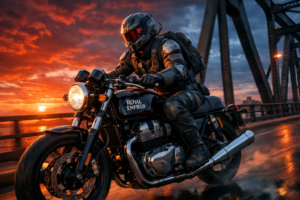 Cinematic BGMI character riding Royal Enfield Continental GT 650 across Erangel bridge at dramatic sunset