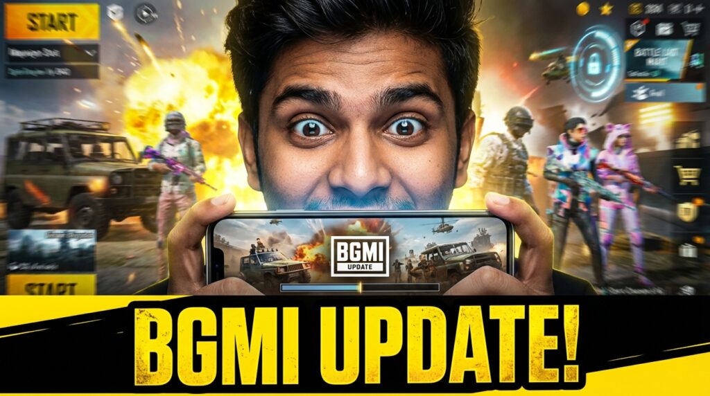 Excited mobile gamer reacting to BGMI new update with latest features, skins, in-game events, and download guide shown in a high-contrast gaming thumbnail