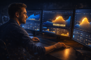Content creator analyzing analytics data on multiple monitors during golden hour peak performance