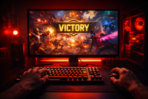 First-person view of gamer setup showing hero shooter team fight and victory screen with red RGB lighting