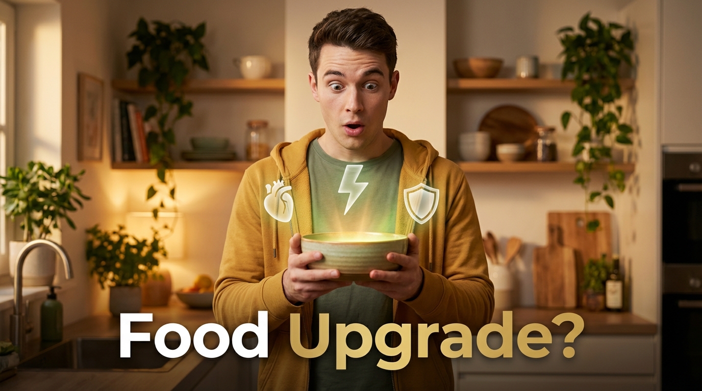 Person holding a glowing functional food bowl with health icons, showing how health-boosting foods are becoming mainstream in 2026