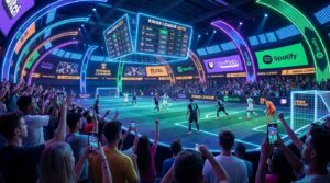 Futuristic indoor football arena with neon lighting, Kings League–style match in progress, players wearing LED body cams, young crowd filming with smartphones, and holographic scoreboards showing live betting odds.