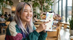 Gen Z user sitting in a modern cafe holding a smartphone, viewing an Instagram Map with nearby food review video pop-ups, smiling and engaged under soft natural lighting.