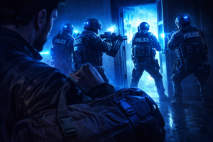 Close-up cinematic scene of futuristic tactical police breaching a building with blue flashing lights while a criminal holds a duffel bag, inspired by GTA 6 gameplay concept art