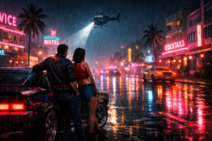 Cinematic neon-lit Vice City street at night with male and female characters leaning on a muscle car, police helicopter spotlight, heavy rain, and glowing city reflections inspired by GTA 6