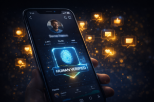 Futuristic human verified social media profile showing a biometric fingerprint badge, high engagement gold notifications, and a secure high-tech digital interface symbolizing authentic content.