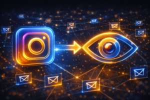 Illustration showing Instagram logo transforming into a view icon, highlighting algorithm shift toward private sharing and DMs