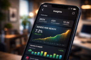 Close-up of Instagram Insights dashboard highlighting the sends per reach metric increasing on a smartphone screen