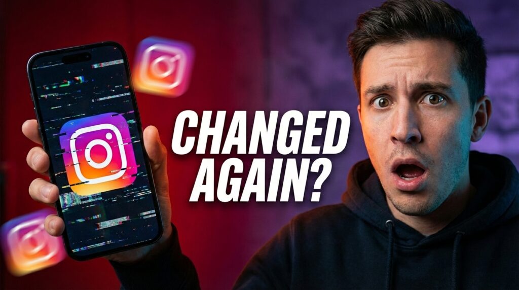 Shocked creator reacting to Instagram’s new algorithm update in 2026, highlighting changes affecting reach, reels, and engagement