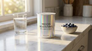 Close-up of a modern probiotic yogurt container labeled ‘Psychobiotic Blend’ on a marble kitchen counter, with a glass of water and fresh blueberries in soft morning sunlight.