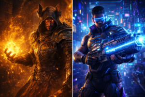 Split-screen cinematic art of Path of Exile 2 warrior casting golden spell and Deadlock futuristic hero with blue energy weapon