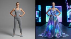 Split-screen image showing the same woman in identical poses, wearing simple grey activewear in a studio on one side and a glowing iridescent digital haute couture gown on a futuristic virtual runway on the other.