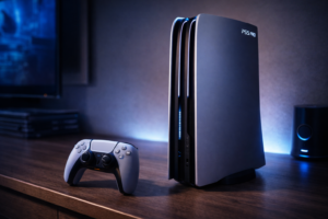 High-tech product photo of PlayStation 5 Pro console standing vertically on a wooden desk with DualSense controller and soft blue ambient lighting