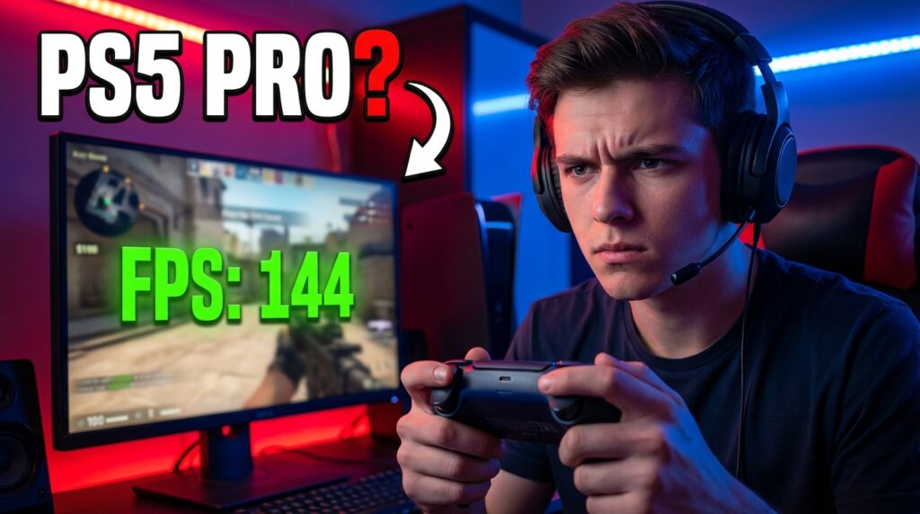 Focused gamer testing PlayStation 5 Pro performance with FPS benchmark and gameplay review, questioning whether the PS5 Pro is worth buying