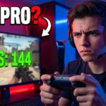 Focused gamer testing PlayStation 5 Pro performance with FPS benchmark and gameplay review, questioning whether the PS5 Pro is worth buying