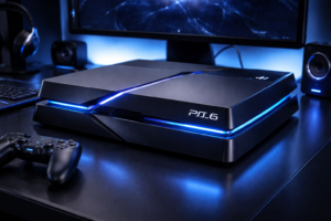 Futuristic PlayStation 6 console concept with blue LED lights on a sleek minimalist desk