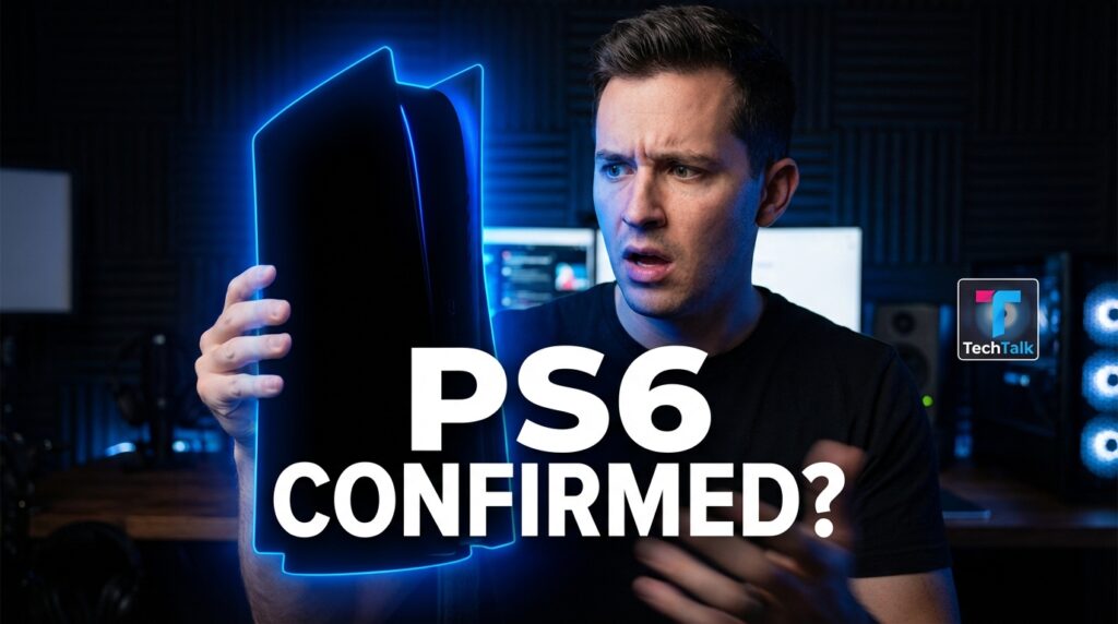 Tech enthusiast reacting to PlayStation 6 rumors including expected release date, specifications, price, and upcoming features in a futuristic console thumbnail
