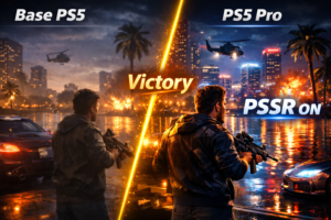 Split-screen comparison of PS5 vs PS5 Pro gameplay showing PSSR on, enhanced 4K clarity, ray tracing, and improved lighting on PS5 Pro