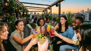 Group of stylish friends toasting with colorful botanical mocktails at a rooftop bar during sunset, garnished with herbs and edible flowers in a relaxed, happy atmosphere.