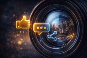 Digital camera lens reflecting a cityscape with holographic social media icons representing a search-first content strategy 