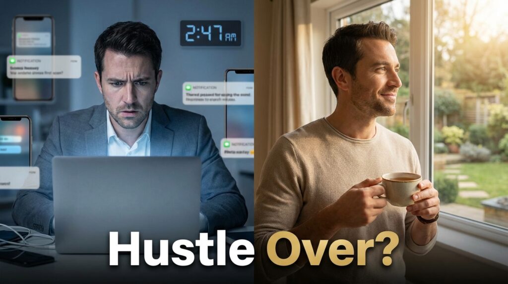 Split scene showing stressed work life versus calm slow living lifestyle, explaining why people are quitting hustle culture in 2026