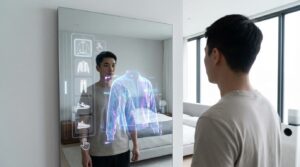 First-person view of a person looking into a smart mirror in a modern bedroom, swiping through digital outfit options on a holographic UI, with a virtual streetwear jacket appearing in the reflection.