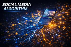 Futuristic illustration of a social media algorithm visualized as a glowing neural network analyzing a smartphone video with data connections and digital signals