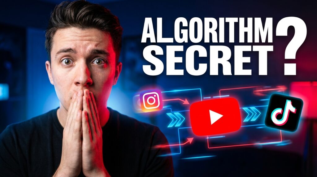 Creator reacting to how social media algorithms work in 2026, showing platform icons, data flow, and algorithm changes in a high-contrast thumbnail