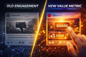 Split screen illustration showing old social media engagement with low interaction on one side and new value metrics highlighting share and save actions on the other side