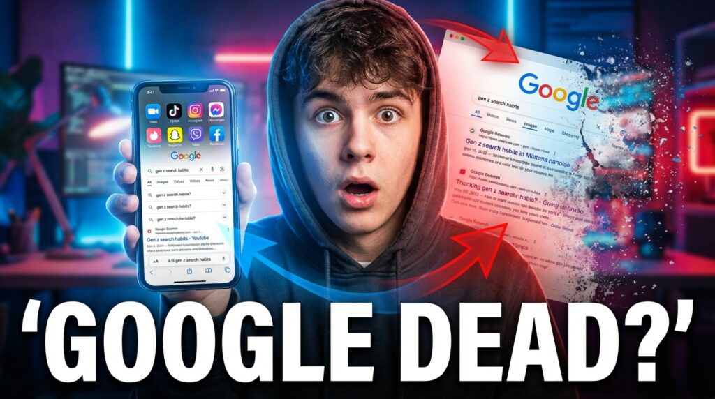 Content creator looking surprised while using social media as a search tool, representing the rise of social search replacing Google in 2026