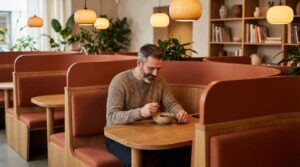 Photorealistic interior of a modern solo dining restaurant in 2026, featuring warm lighting, terracotta tones, and natural wood textures, with a man dining alone at a small curved table and looking content.