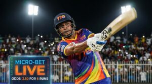 Close-up of a T10 cricket batsman playing an aggressive shot under bright stadium floodlights, motion blur on the bat, with a digital ‘MICRO-BET LIVE’ overlay displaying changing betting odds.