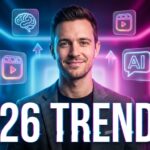 Social media expert showcasing top social media trends of 2026 with futuristic icons, reels, AI features, and growth patterns