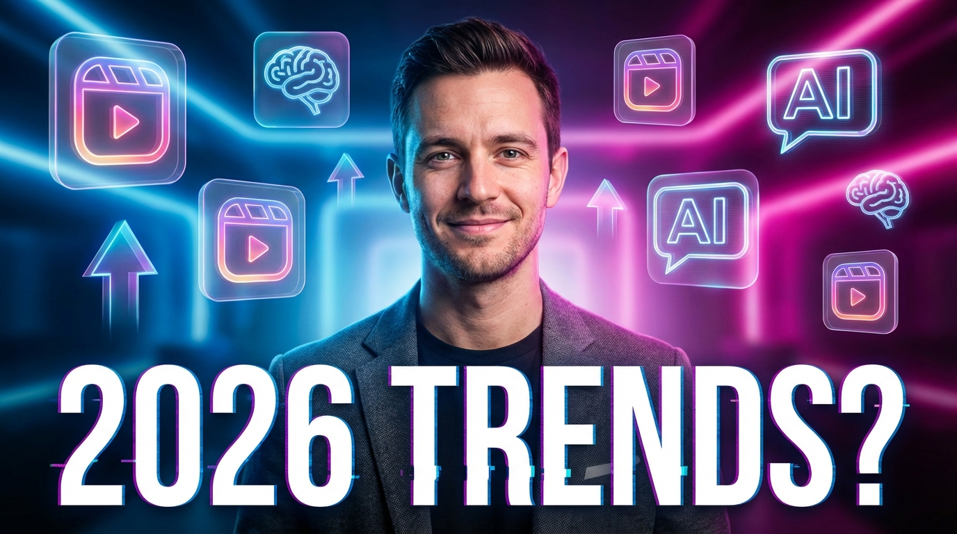 Social media expert showcasing top social media trends of 2026 with futuristic icons, reels, AI features, and growth patterns