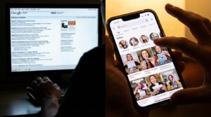 Split-screen comparison showing a traditional search engine results page with text links on a monitor versus a TikTok-style search feed with video results of real people holding products on a smartphone, as a user’s hand reaches for the phone.
