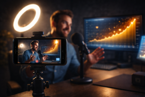 Content creator recording a video while engagement analytics graph rises on screen in a cinematic workspace